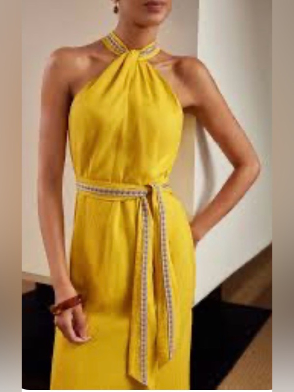 Motf Elegant Halter Neck Yellow Dress with Embellished Waist